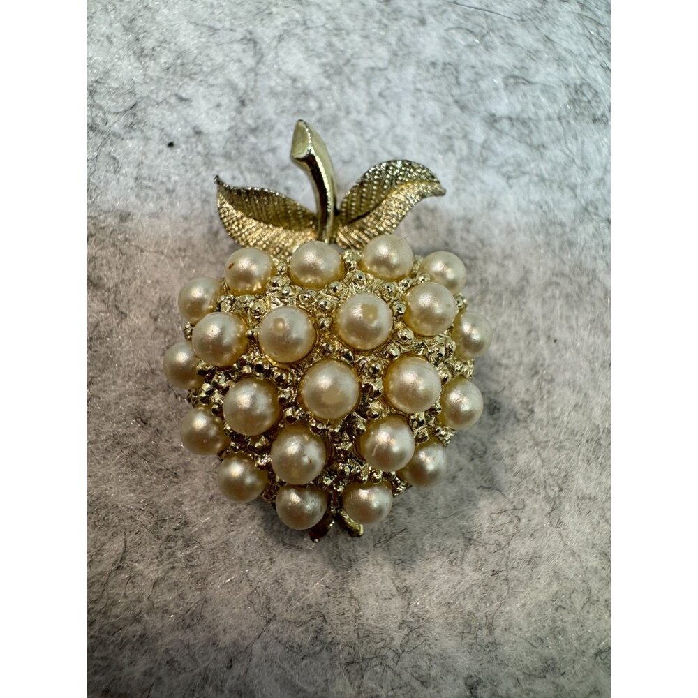 Vintage Gold Tone Brooch With Faux Pearl Apple Design teacher gift